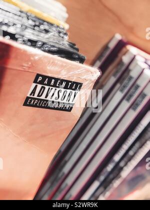Close up of a parental advisory warning sticker on a vinyl long playing record, USA Stock Photo