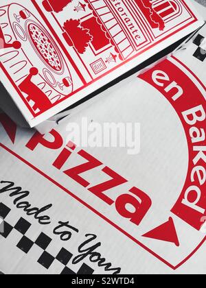 Close up of a pizza delivery boxes, United States Stock Photo