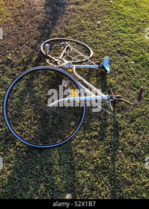 Old white bicycle fallen on the grass. Stock Photo
