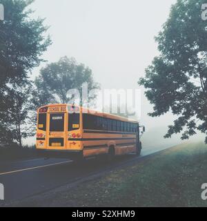 School bus driving down a rural foggy road Stock Photo