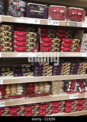 Mince pie and Xmas Christmas cake display with prices in Sainsburies in September 2019 Stock Photo
