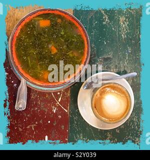 Healthy Kale Vegetable Soup And Cortado Coffee That Is Half Espresso Half Milk Grunge Scratch Paint Wood Table Flat Lay Stock Photo Alamy