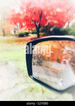 Rainy day autumnal abstract red Japanese maple tree Acer palmatum and orange fall leaves reflections in car mirror autumn vertical abstract mobile background with copy space. Stock Photo