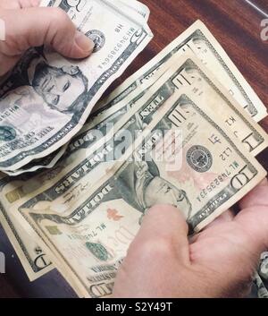 Woman’s hands close up counting US Dollars banknotes. Stock Photo