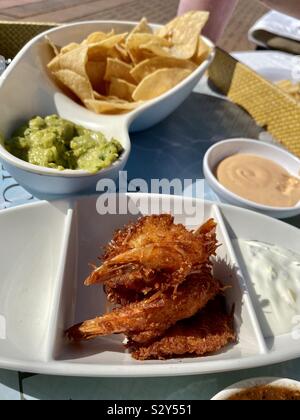 Poolside appetizers of coconut fried shrimp, chips, guacamole, and other dips Stock Photo