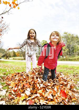 Two young girls playing in autumn leaves Stock Photo