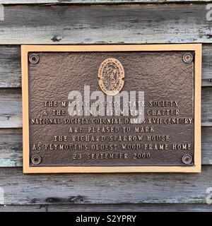 Plaque on the Richard Sparrow House indicating its status as Plymouth’s oldest wood frame home. Plymouth, Massachusetts, United States Stock Photo