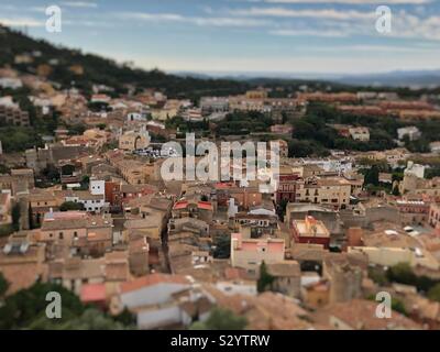 Views over the old Spanish town of Begur, Catalunya, from the castle ruins. Lens blur effect. Stock Photo