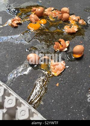 Close up of a dozen broken  brown eggs on a sidewalk in New York City, USA Stock Photo