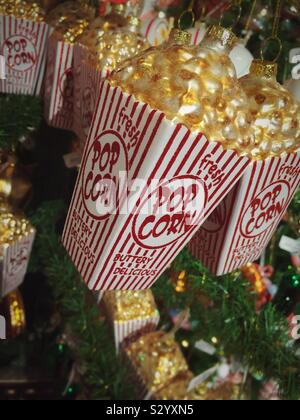 Close up of popcorn Christmas ornament hanging on a holiday tree, USA Stock Photo