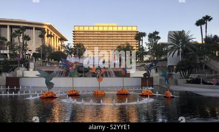 LOS ANGELES, CA, NOV 2019: kingfisher art work in the fountain at Grand Park in the Civic Center District of Downtown. Day of the Dead celebration Stock Photo