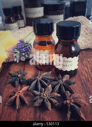 Generic Aromatherapy Bottles with Star Anise and Lavender. Stock Photo
