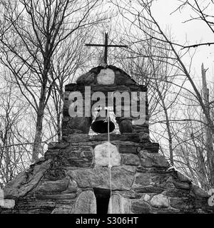 Black and white detail of the chapel on the grounds of the Trapp Family Lodge, Stowe, Vermont, United States Stock Photo