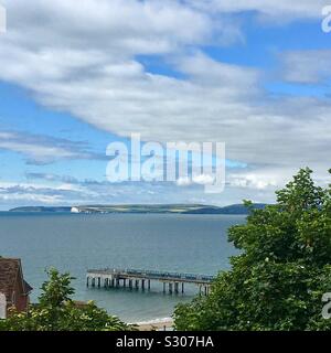 View from Boscombe Cliffs over the Pier and across to Swanage, Dorset Stock Photo