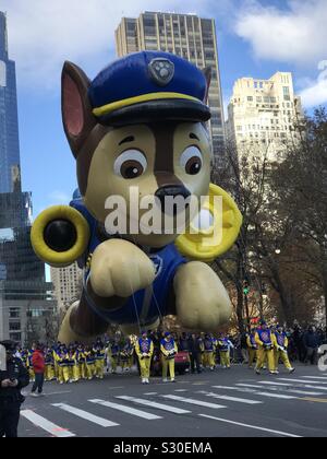 New York City, NY, USA- November 28, 2019: Paw Patrol balloon flies in the 93 annual Macy’s Thanksgiving Day Parade. Stock Photo