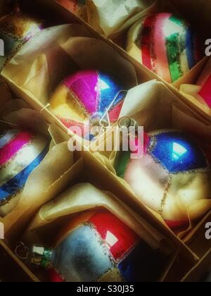Colorful boxed vintage Christmas ornaments Stock Photo - Alamy