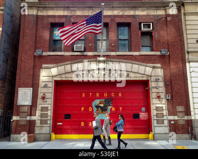 New York City Fire Department firehouse, 108 East 13th Street, Manhattan, New York. Base of FDNY Ladder Company 3, which lost most of its men during the September 11th 2001 attacks. 2012. Stock Photo