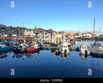 Fishing Boats moored in Fraserburgh Harbour, Scotland Stock Photo