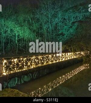 Blenheim Palace Illuminated Christmas Light Trail 2019. Illuminated Bridge reflecting in the lake and the trees behind with green uplighting. Stock Photo