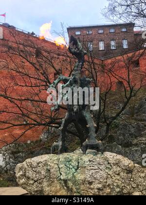 Poland, Krakow, The Wawel Dragon (Polish: Smok Wawelski) breathing fire ...