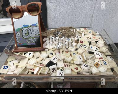Vintage Scrabble tiles on sale at the Open Market in Brighton. Stock Photo