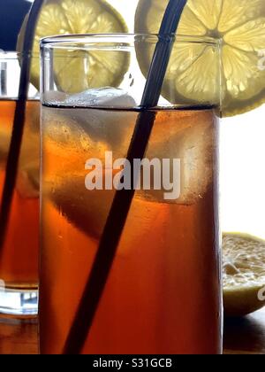Iced tea glasses with lemon Stock Photo