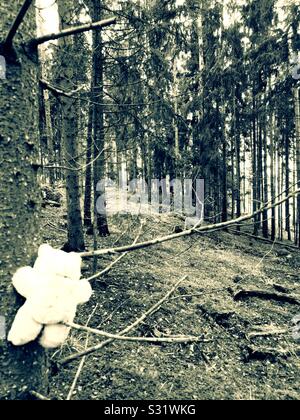 Tear view of teddy bear climbing tree in forest, Sweden Stock Photo