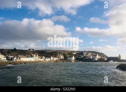 Portpatrick harbour and lighthouse on the Rhins of Galloway, Wigtownshire, Dumfries and Galloway, Scotland Stock Photo