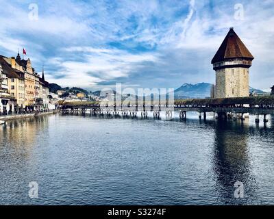 Kapellbrücke (chapel bridge), covered wooden bridge in Lucerne, Switzerland Stock Photo