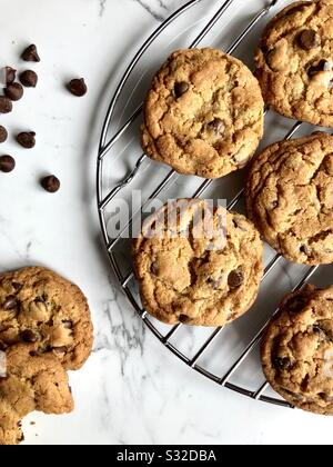 Chocolate chip cookies on a wire cooling rack Stock Photo