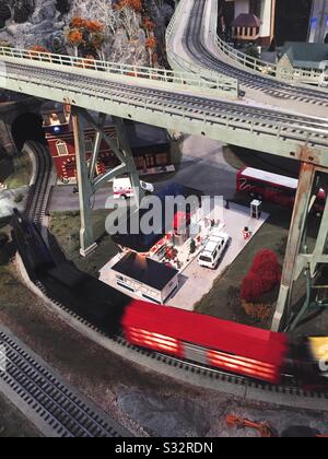 The holiday train show at the transit museum in Grand Central Station features model trains on display, NYC, USA Stock Photo