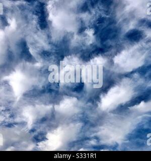 Fluffy white altocumulus clouds against a blue sky. Stock Photo