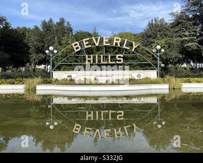 Beverly Hills sign on a pond of water Stock Photo