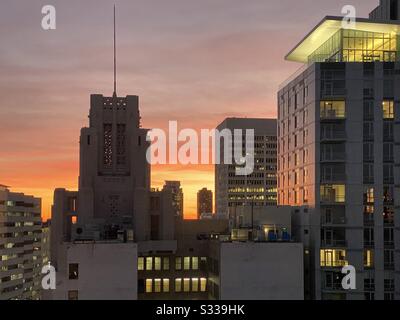 LOS ANGELES, CA, JAN 2020: view of Downtown cityscape near Pershing Square at dusk Stock Photo