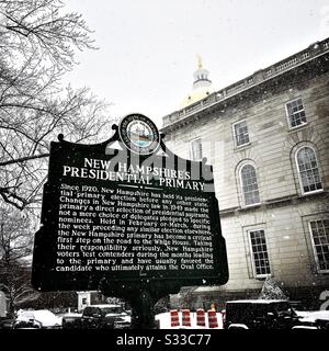 A historical marker on the NewHampshire primary stands before the New Hampshire State House during a February snow.