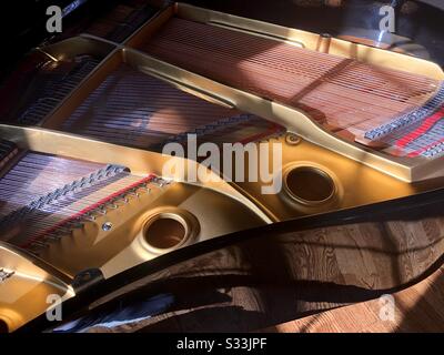 View from above of the inside of a baby grand piano, including soundboard, brass, strings, and pegs Stock Photo