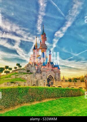 The happiest place in earth at sunset. Disneyland Paris Stock Photo