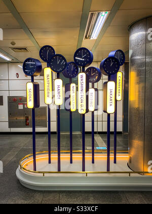 Seoul South Korea-October 2019: Time difference clock around Seoul and the world. Artsy design digital time zone clock with light bulb inside Euljiro Station, Seoul. Stock Photo