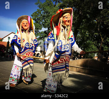 Dancers wearing masks perfom the Danza de los Viejitos or Elderly Dance in Patzcuaro, Michoacan, Mexico Stock Photo