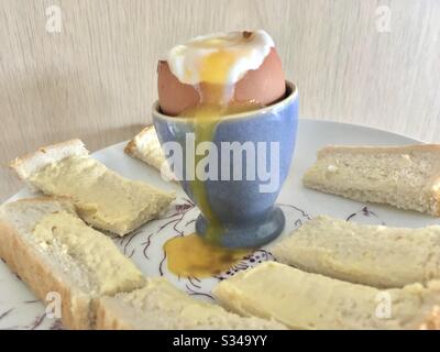 Boiled egg on plate with dippy bread Stock Photo