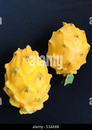 yellow dragon fruit aka Pitahaya Amarilla a natural exotic fruit from Ecuador - imported fruit with black background- primary colours - variety of cactus & succulent Stock Photo