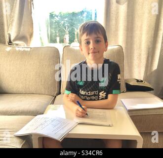 Boy doing schoolwork at home Stock Photo