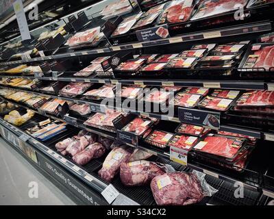 LOS ANGELES, CA, MAR 2020: shelves of fresh meat in refrigerated section of Smart & Final supermarket, Downtown Stock Photo