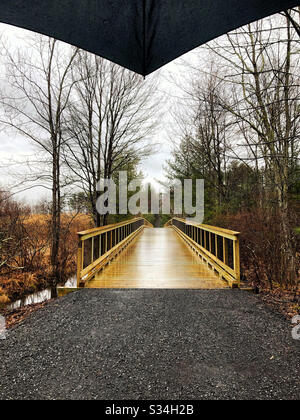 Rainy day walk on rail trail, hiking and biking path in the country, with footbridge over stream and umbrella Stock Photo