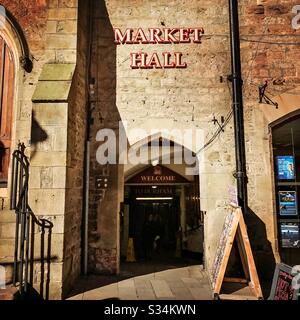 Architecture of Durham City, North East England. Entrance to the indoor market hall from the marketplace in the city centre Stock Photo