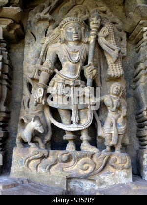 Finely carved sculpture of Hindu god in Chennakeshava temple at Belur in the state of Karnataka, India. Stock Photo