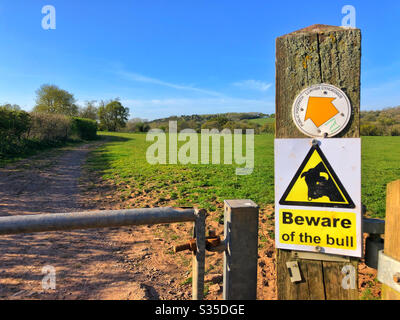 “Beware of the bull” sign on a public footpath, South Wales. Stock Photo