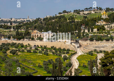 Picture of the Mount Of Olives in Jerusalem Israel. Spring time flowers green grass and all of trees. Garden of Gethsemane the church of Maria Magdalena and the church of all nations. Stock Photo