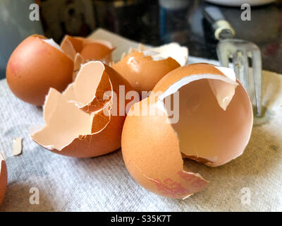 Broken egg shells left over from cooking. Stock Photo