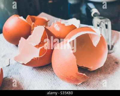 Broken egg shells left over from cooking. Stock Photo